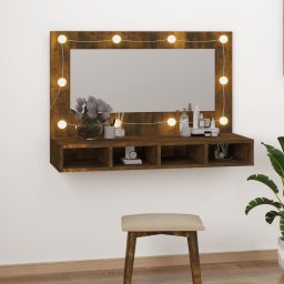 Dulap cu oglinda si LED, stejar fumuriu, 90x31,5x62 cm GartenMobel Dekor