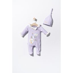 Salopeta cu caciulita pentru bebelusi Pisicute, Tongs baby (Culoare: Mov, Marime: 6-9 luni)