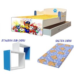 Pat copii Paw Patrol 140x70 cu saltea 2-8 ani si sertar cadou