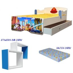Pat copii Micii Pompieri 140x70 cu saltea 2-8 ani si sertar cadou