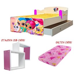 Pat copii Shimmer and Shine 160x80 cu saltea 2-12 ani si sertar cadou