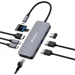 Hub multiport Verbatim USB-C, 9 port, SilverHDMI,RJ45,2xUSB-C,3xUSB-A 3.2 Gen1&2,SD,microSD