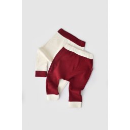 Set 2 pantaloni Ribana Bebe Unisex din bumbac organic si 5%elastan - Ecru/Bordo, BabyCosy (Marime: 9-12 luni)