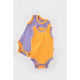 Set 2 body-uri fara maneci Ribana Bebe Unisex din bumbac organic si 5%elastan - Galben/Mov BabyCosy (Marime: 6-9 luni)