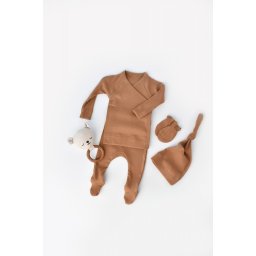 Set 4 piese: bluza, pantaloni, caciulita si manusi din bumbac organic si modal - Maro, BabyCosy (Marime: 3-6 Luni)