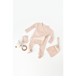 Set 4 piese: bluza, pantaloni, caciulita si manusi din bumbac organic si modal - Blush, BabyCosy (Marime: 6-9 luni)