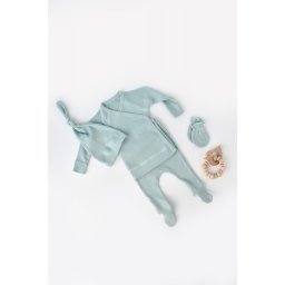 Set 4 piese: bluza, pantaloni, caciulita si manusi din bumbac organic si modal - Mint, BabyCosy (Marime: 6-9 luni)
