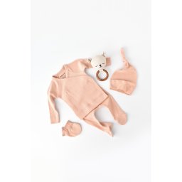 Set 4 piese: bluza, pantaloni, caciulita si manusi din bumbac organic si modal - Piersica, BabyCosy (Marime: 6-9 luni)