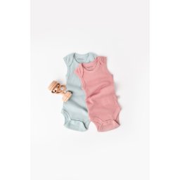 Set 2 body-uri fara maneci bebe unisex din bumbac organic si modal - Mint/Rose, BabyCosy (Marime: 12-18 Luni)