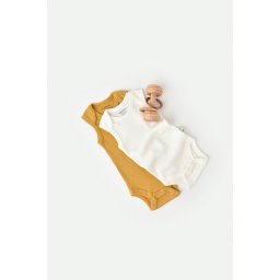 Set 2 body-uri fara maneci bebe unisex din bumbac organic si modal - Mustar/Ecru, BabyCosy (Marime: 3-6 Luni)