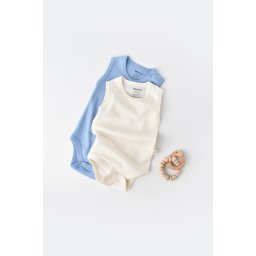 Set 2 body-uri fara maneci bebe unisex -100% bumbac organic - Ecru/Bleu, BabyCosy (Marime: 12-18 Luni)