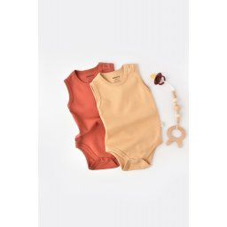 Set 2 body-uri fara maneci bebe unisex -100% bumbac organic - Mustar/ Scortisoara, BabyCosy (Marime: 18-24 Luni)