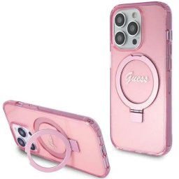 Husa Ring Stand Script Glitter MagSafe pentru iPhone 15 Pro – roz