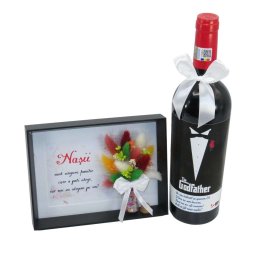 Cadou Cerere Nasi Cununie, The Godfather - sticla vin personalizata & tablou cu flori uscate - ALIF404019