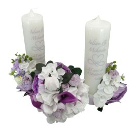 Set 2 lumanari Nunta Argint+buchet mireasa, model personalizat cu flori de matase si silicon, mov&alb - ILIF404017