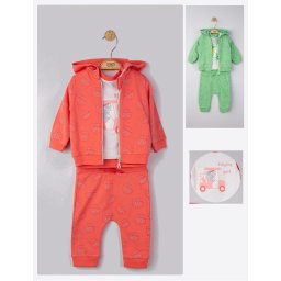 Set 3 piese: pantaloni, tricou si hanorac pentru bebelusi, Tongs baby (Marime: 9-12 luni, Culoare: Corai)