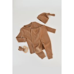 Set 3 piese: bluzita cu maneca lunga, pantaloni lungi si caciulita din bumbac organic si modal - Maro, BabyCosy (Marime: 18-24 L