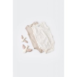 Set 2 body-uri fara maneci bebe unisex -100% bumbac organic - Ecru cu buline, BabyCosy (Marime: 12-18 Luni)