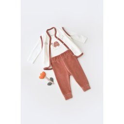 Set 3 piese Broscuta cu body, pantalonasi si vestuta din 80%bumbac organic si 20% poliester - Caramiziu, BabyCosy (Marime: 6-9 l