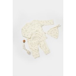 Set 3 piese:bluza, pantaloni si caciulita Printed, BabyCosy, 50% modal+50% bumbac, Ecru (Marime: 6-9 luni)