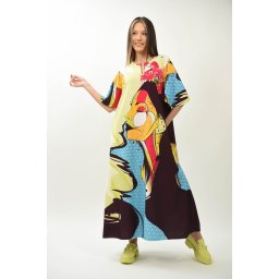ROCHIE LUNGA POP ART MELEK CU BUZUNARE SI MANECA SCURTA EVAZATA TALIE UNICA Multicolora