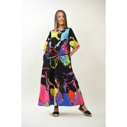 ROCHIE IMPRESIE CU FLUTURI SI PALETA CURAJOASA DE CULORI SI MANECI TIP CLOPOT TALIE UNICA Multicolora