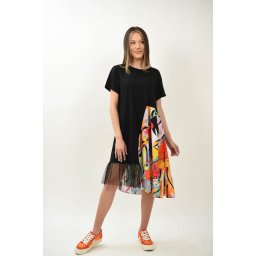 ROCHIE MIDI ASIMETRICA COMBINATA CU TUL MANECA SCURTA FLOWER FACE TALIE UNICA Negru