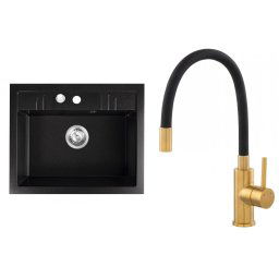 Chiuveta bucatarie FERRO simpla 58x48 cm, grafit,Baterie chiuveta, gura flexibila Zumba-Negru-Gold