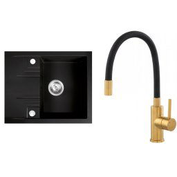 Chiuveta granit bucatarie simpla 58x48 cm, grafit Mezzo II,Baterie chiuveta, gura flexibila Zumba-Negru-Gold