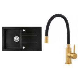 Chiuveta granit bucatarie simpla 78x48 cm, grafit Mezzo II,Baterie chiuveta, gura flexibila Zumba-Negru-Gold