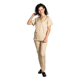 Costum medical cu elastan crem cu bluza cu anchior in forma V si pantaloni crem cu snur