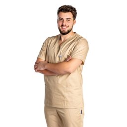Halat medical cu elastan crem, barbati cu anchior in V si trei buzunare aplicate