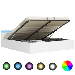 Cadru pat hidraulic cu lada LED alb 160x200 cm, piele ecologica GartenMobel Dekor