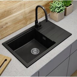 Pachet Chiuveta Bucatarie Granit 800*495 mm, cu Baterie dus extractibil, Sifon scurgere, negru mat