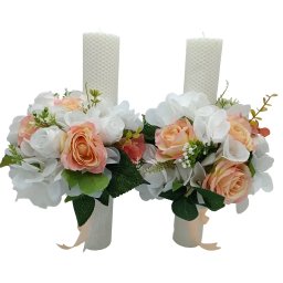 Lumanare nunta din ceara naturala cu flori de matase, piersiciu&alb, h40 x Ø6cm - FEIS405002