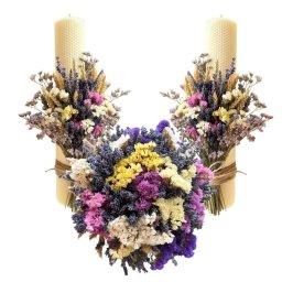 Set 2 lumanari nunta + buchet mireasa cu lavanda uscata, limonium colorat si grau - AMB405002