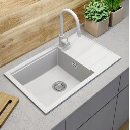 Pachet Chiuveta Bucatarie Granit 800*495 mm, cu Baterie dus extractibil, Sifon scurgere, alb