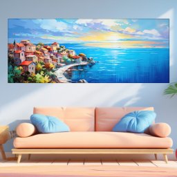 Tablou Canvas Căsuțe Colorate în Sat Mediteranean TPP48 (Dimensiune LxH: 175x70cm)