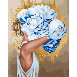 Set pictura pe numere, cu sasiu, Fata cu flori albastre- vopsea aurie, 40x50 cm