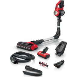 Aspirator vertical Bosch Unlimited 7 ProAnimal BBS711ANM, 18V, Autonomie 40 min, 3 trepte de putere, 0.4 L, Perie ProAnimal cu LED-uri, motor TurboSpin, tija flexibila, functie Quick Stand, Negru/Rosu