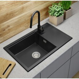 Pachet Chiuveta Bucatarie Granit 800*495 mm, cu Baterie dus extractibil, Sifon scurgere, negru mat