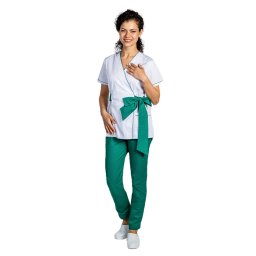 Costum medical kimono alb cu paspol verde si cordon cu legare tip fundita