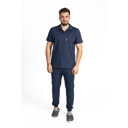 Costum medical stretch polo barbati bleumarin, cu bluza in V si pantaloni tip jogger, cu snur si elastic