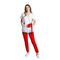 Costum medical kimono alb cu paspol rosu si cordon cu legare tip fundita