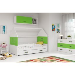 Pat copii casuta domy 160x80 alb- vernil, saltea inclusa