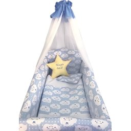 Lenjerie de patut bebelusi 9 piese pat 140x70 cm cu aparatori si baldachin maxi deseda steluta noapte buna albastru