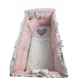 Lenjeria cu aparatori super groase si inimioara gri roz pal - stelute gri pe alb pat 120x60 cm