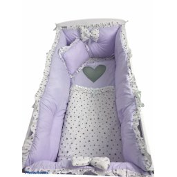 Lenjeria cu aparatori super groase si inimioara gri lila pal - stelute gri pe alb pat 120x60 cm