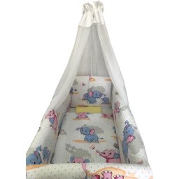 Lenjerie de patut bebelusi 9 piese pat 120x60 cm cu baldachin si aparatori maxi deseda animale