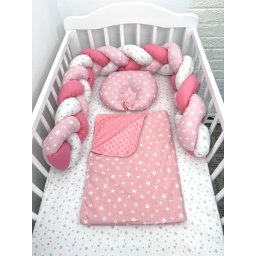 Lenjerie de pat 120x60 cm cu aparatoare impletita 180 cm mix stelute roz